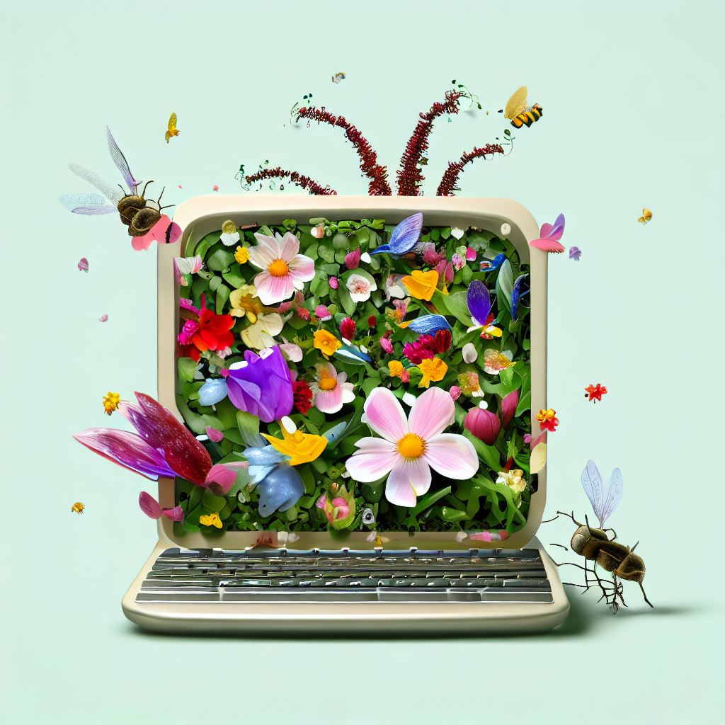 Create a whimsical computer made of flowers and insects