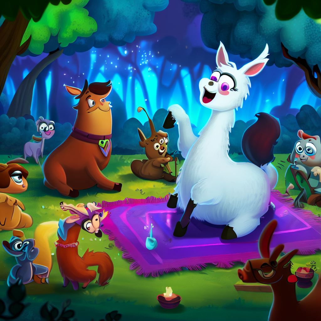 A cartoon llama is having a picnic with friends in an enchanted forest filled with talking animals and mystical creatures.