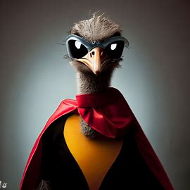 Visualize an ostrich dressed up as a superhero, complete with a cape and mask.. Image 4 of 4