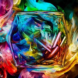 A colorful and artistic representation of a pack of cigarettes encased in a crystal ashtray, surrounded by swirling smoke.. Image 4 of 4