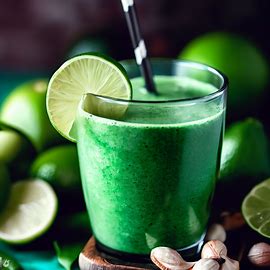 Show a delicious green smoothie made with limes, spirulina, and coconut milk.. Image 2 of 4