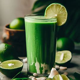 Show a delicious green smoothie made with limes, spirulina, and coconut milk.. Image 3 of 4
