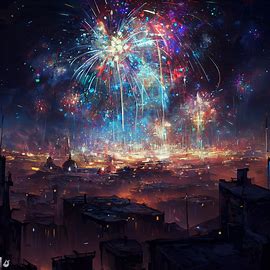 Draw a sprawling, midnight cityscape lit up by the colorful fireworks exploding above it.. Image 4 of 4