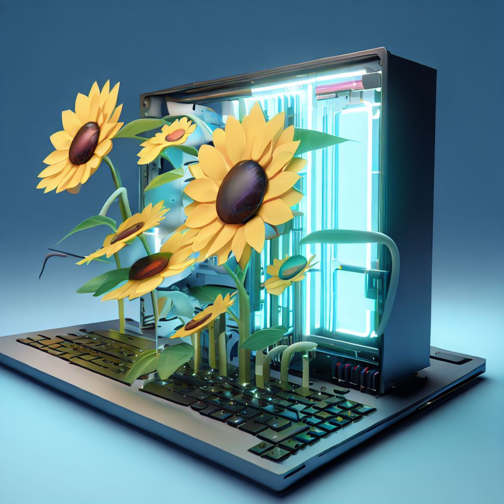 Render an image of a computer that is fully powered by sunflowers and their energy。第 3 个图像，共 4 个图像