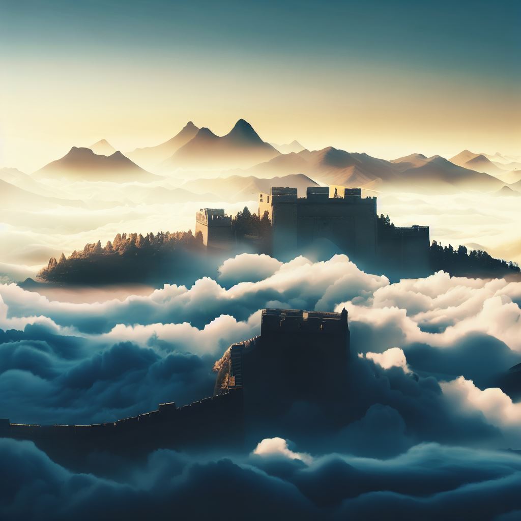 Imagine the Great Wall of China rising from the clouds, create an image of this surreal and breathtaking view.