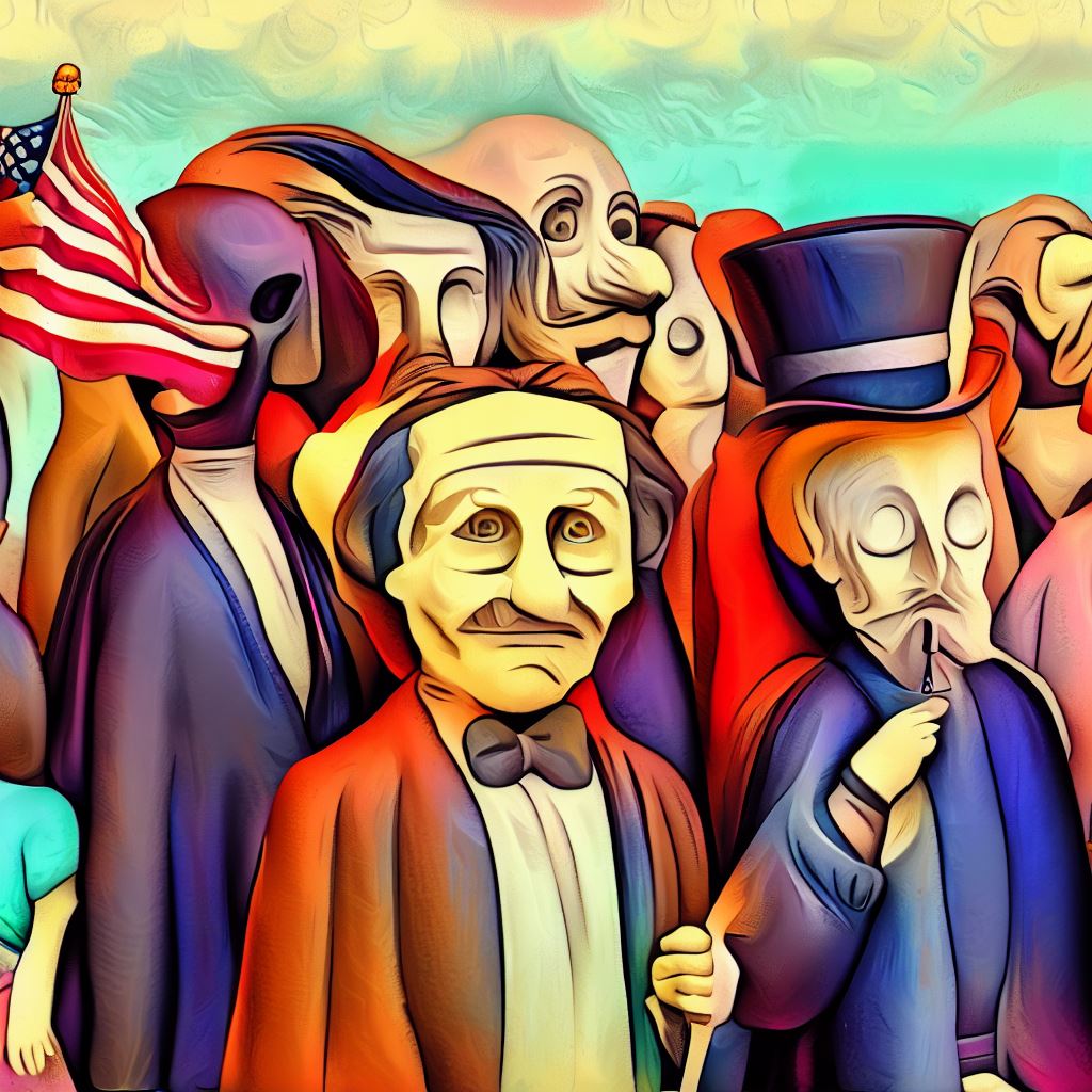 Render a whimsical and colorful representation of famous political leaders throughout history