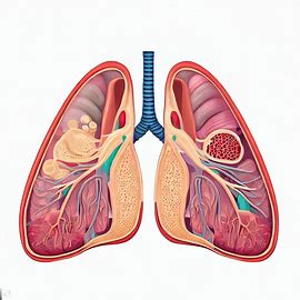 Illustrate a cross section of a pair of lungs, showing different layers of the respiratory system, including blood vessels and air sacs.. Image 1 of 4