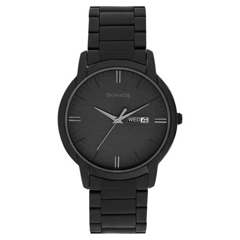 Buy Online Sonata Quartz Analog with Day and Date Black Dial Stainless ...