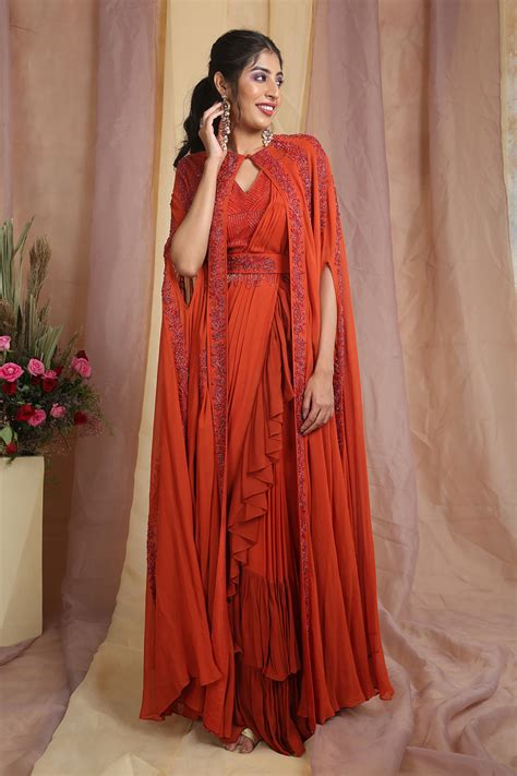 Rust Cape Drape Saree – Auraya Fashion