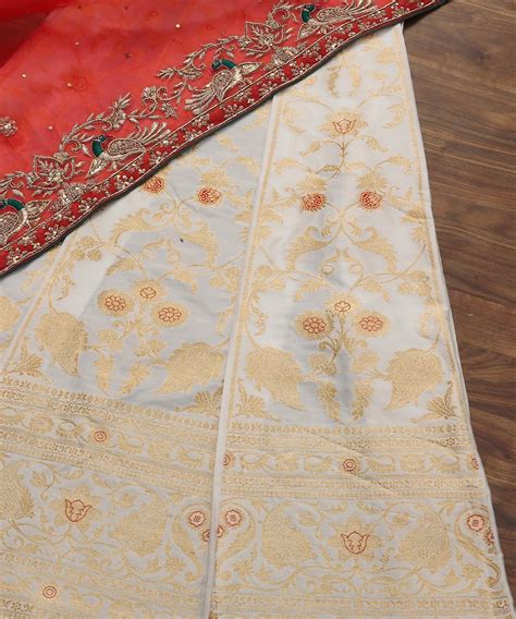 Handloom White Banarasi Katan Silk Lehenga with Mughal Jaal Design ...