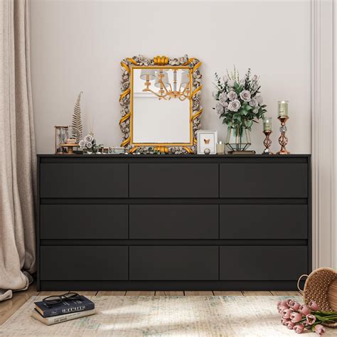 Hitow 9 Drawer Dresser for Bedroom - Modern Black Long Dresser