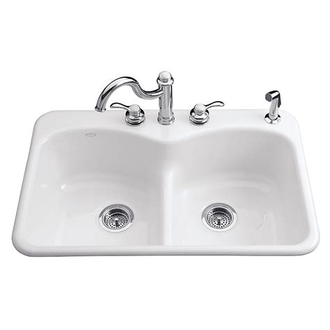 KOHLER Langlade Drop-In 33-in x 22-in White Cast Iron Double Equal Bowl ...
