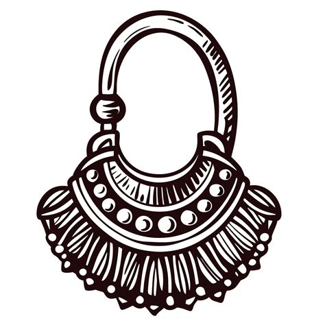 Hand drawn ancient ethnic hoop earring with ornate fringe detailing in ...
