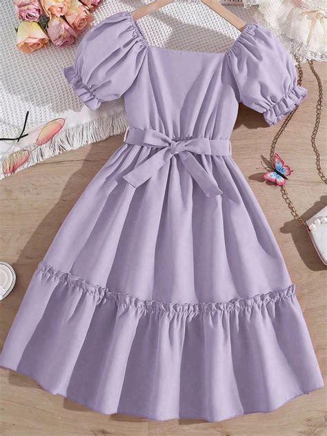 Purple Cute Collar Short Sleeve Woven Fabric Plain A Line Embellished ...