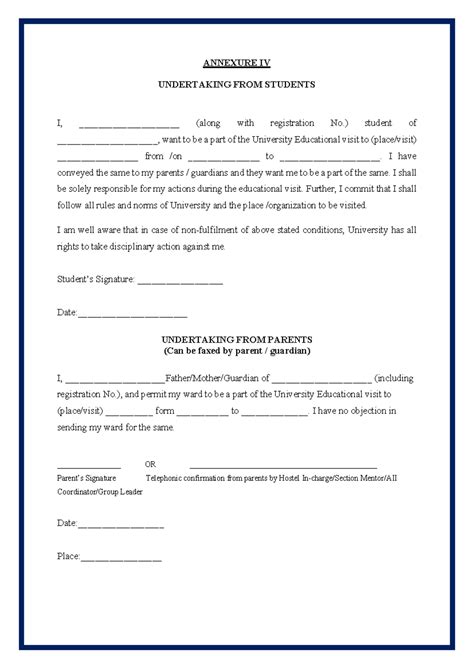 Educational Visit guidelines undertaking - ANNEXURE IV UNDERTAKING FROM ...