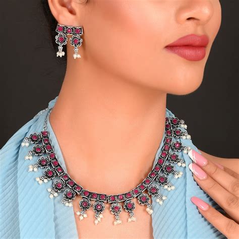 PINK LILLY OXIDIZED NECKLACE SET – For Ya