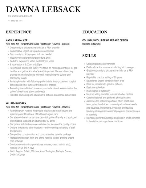 Urgent Care Nurse Practitioner Resume Samples | Velvet Jobs