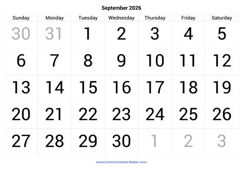 September 2026 Calendar Printable With Large Numbers | Custom Calendar ...