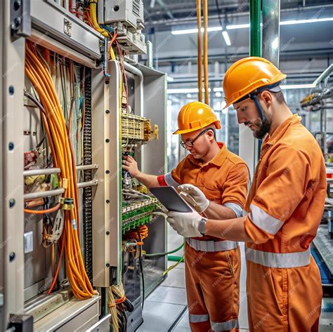 Two electricians in orange jumpsuits and hard hats work on complex ...