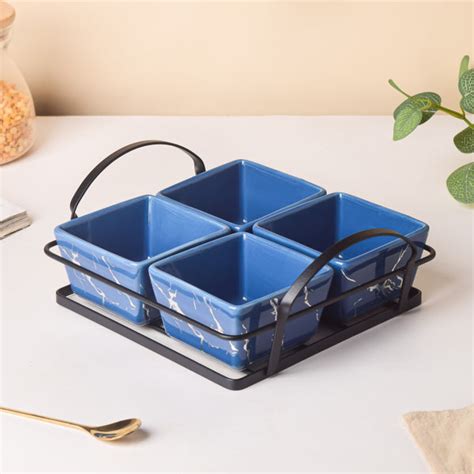 Bowl Set - Buy Cerulean Silver Ceramic Bowls Tray Online | Nestasia