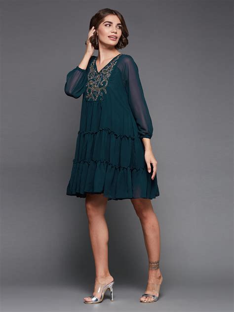 Women's Teal V-neck Full Sleeve Solid Embellished Knee Length Dress ...