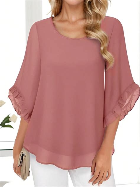 Women's Round Neck Three-Quarter Bell Sleeve Ruffled Shirt | SHEIN USA
