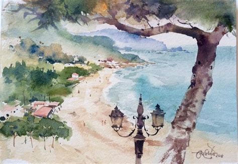 "Sperlonga Beach Italy": Blue Green Watercolor Painting by Vikrant ...