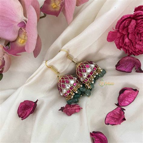 Regal Meenakari Dome Jadau Jhumkas Red White Green Bead Kundan Jadau ...