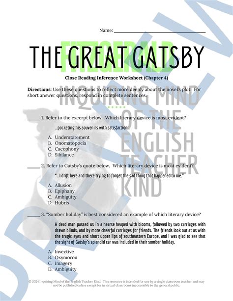 The Great Gatsby Chapter 4 Close Reading Inference Worksheet for High ...