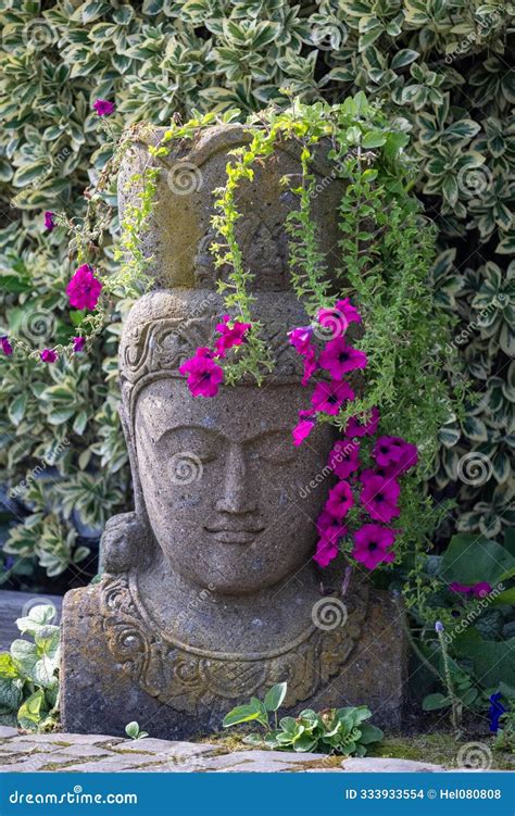 Planter, Garden Statue, Balinese Deity with Petunias in Pink on Head in ...