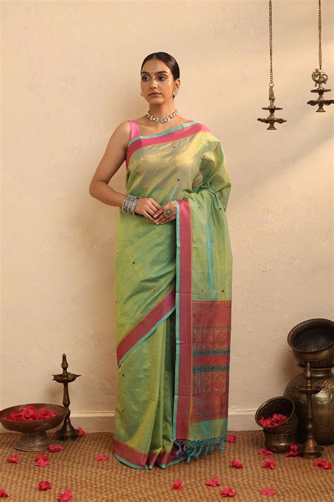Handloom Green Cotton Silk Kanchi Saree