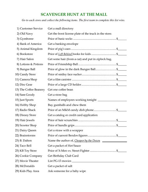 Mall Scavenger Hunt List Ideas