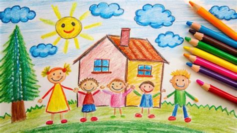 A drawing of children with a yellow house and the words quot the word ...