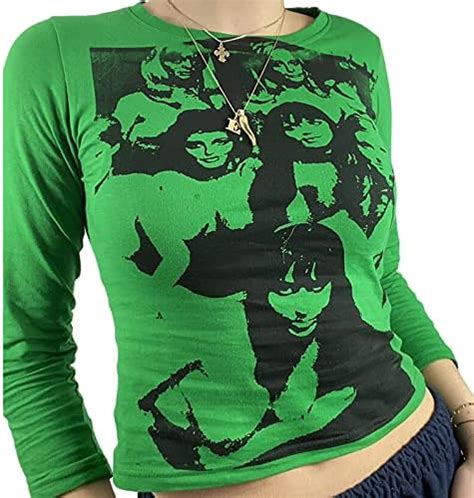 Women Face Portrait Top Long Sleeve Y2k Graphic Crop Top Vintage E-Girl ...