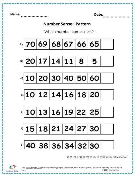 Number Sense : Pattern free Printable Worksheet