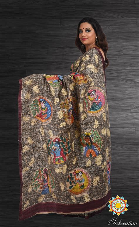 Buy Madhubani Hand Painted Pure Tussar Sari Saree With Blouse Piece ...