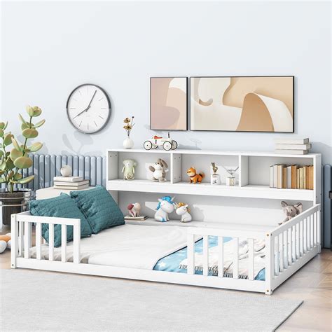 George Oliver White Full Floor Bed With Attached Bookcase And Shelves ...