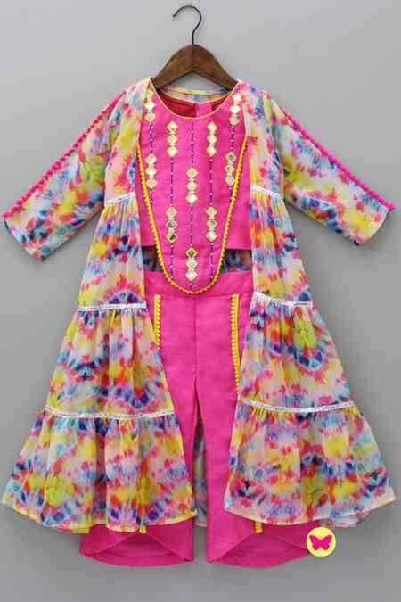 Buy Multi Color Georgette Embroidered Mirror Work Top Set With Cape For ...