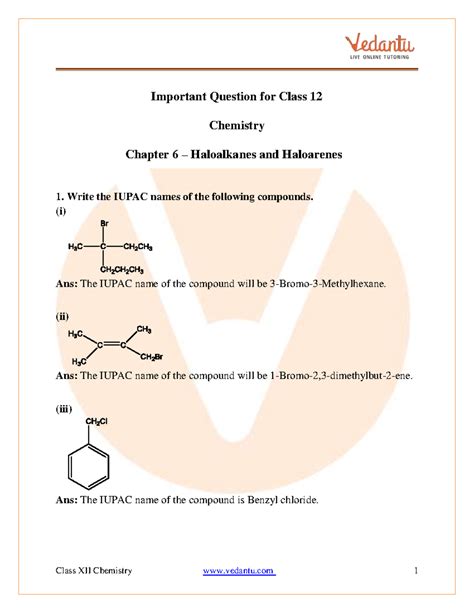 Haloalkanes and Haloarenes Class 12 Important Questions for Exam ...