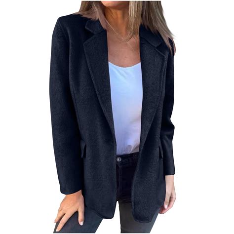 Women's Wool Blazer Jacket Lapel Business Coats with Pockets Casual ...