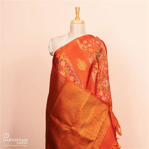 Borderless Orange Kanjivaram Silk Saree with Ikat & Paisley Patterns ...