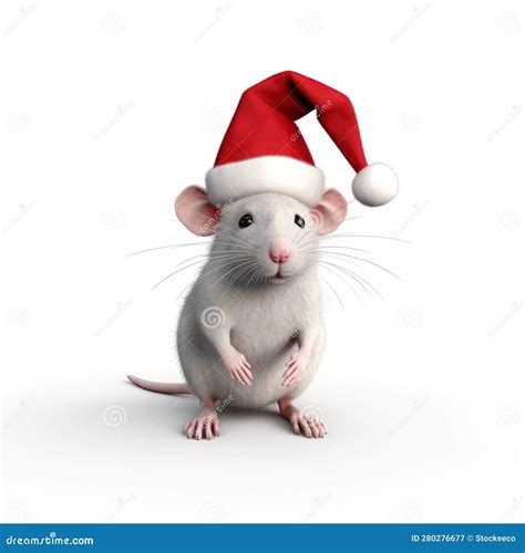 Realistic Rendering of a Cute Rat in a Christmas Hat Stock Illustration ...