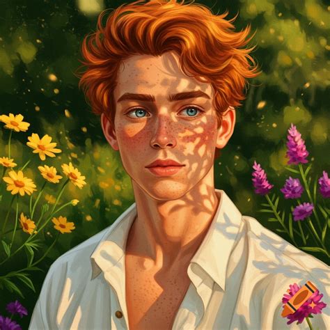A close-up illustration of a young man with red hair and freckles ...