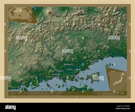 Okayama, prefecture of Japan. Colored elevation map with lakes and rivers. Locations and names ...