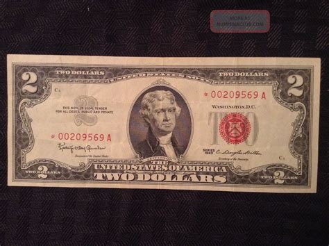 1963 $2 Dollar Bill Red Seal Star Note Serial 0020969a Circulated