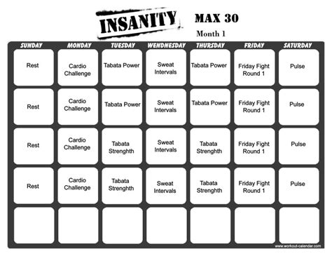 Insanity Max 30 - Print A Workout Calendar