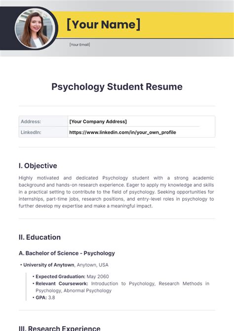 Free Psychology Student Resume Template to Edit Online