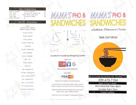 Menu at Mama's Pho & Sandwiches restaurant, Stockton