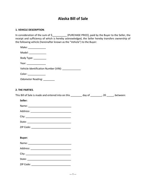 Free Alaska Bill of Sale Template - DMV Test Pro