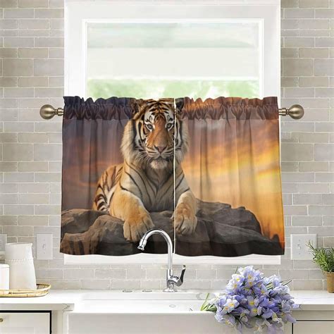 Fierce Tiger Half Window Tier Curtains 24 Inch Blackout Thermal Insulating Kitchen Linen Tier ...